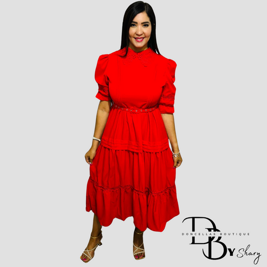 Carmesí Red Solid Elegant Midi Dress