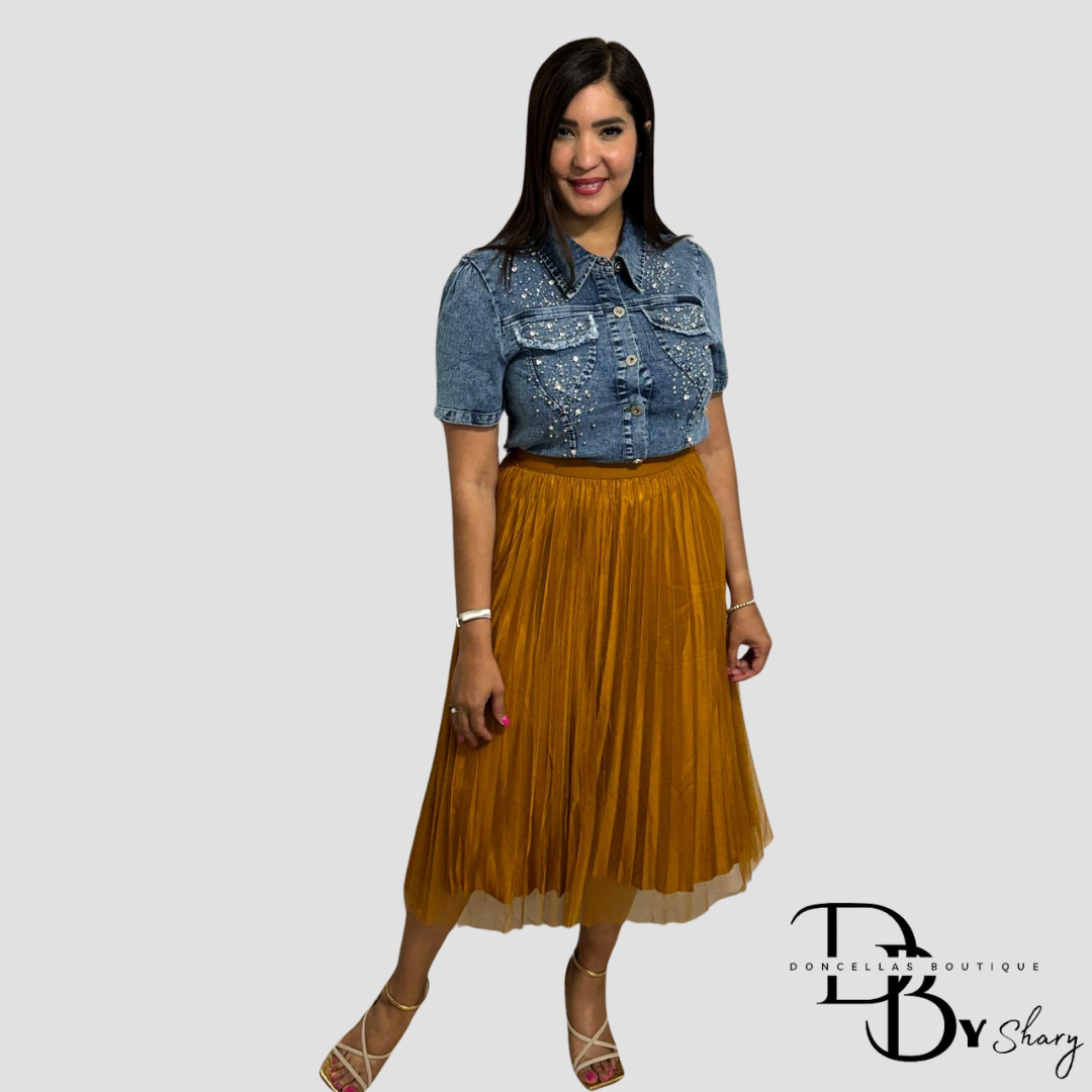 Tulle Double-Layered Pleated Skirt (Toffee)